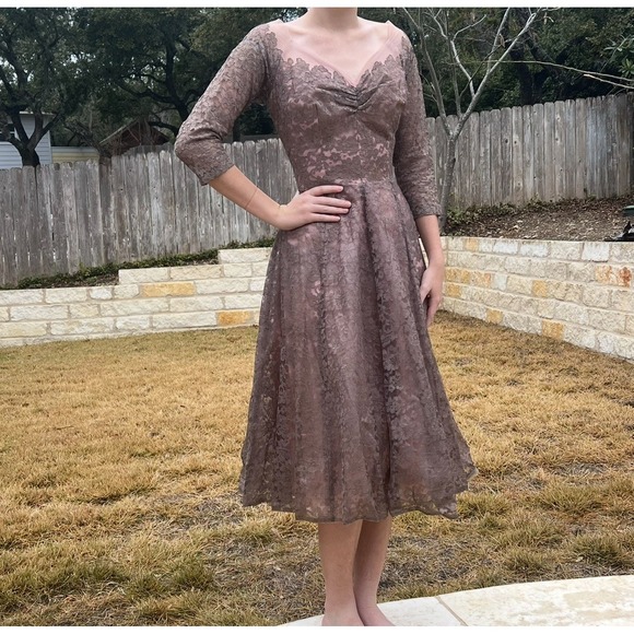 Emma domb Dresses & Skirts - Vtg 1950s Emma Domb Pink Lace Party Dress Tea Fit & Flare Illusion Size XS *read